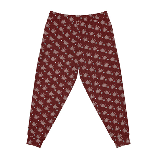 SHARP FROSTED ICED DIAMOND Infinite Universe Maroon Leaf Pattern Joggers — All-Over Print Athletic Sweatpants