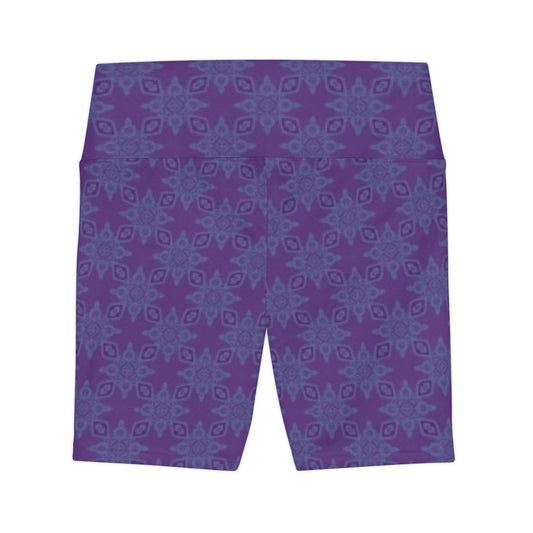 PURPLE SPARK Infinite Universe Women's Workout Shorts — Purple All-Over Leaf Pattern with White Cannabis Emblem