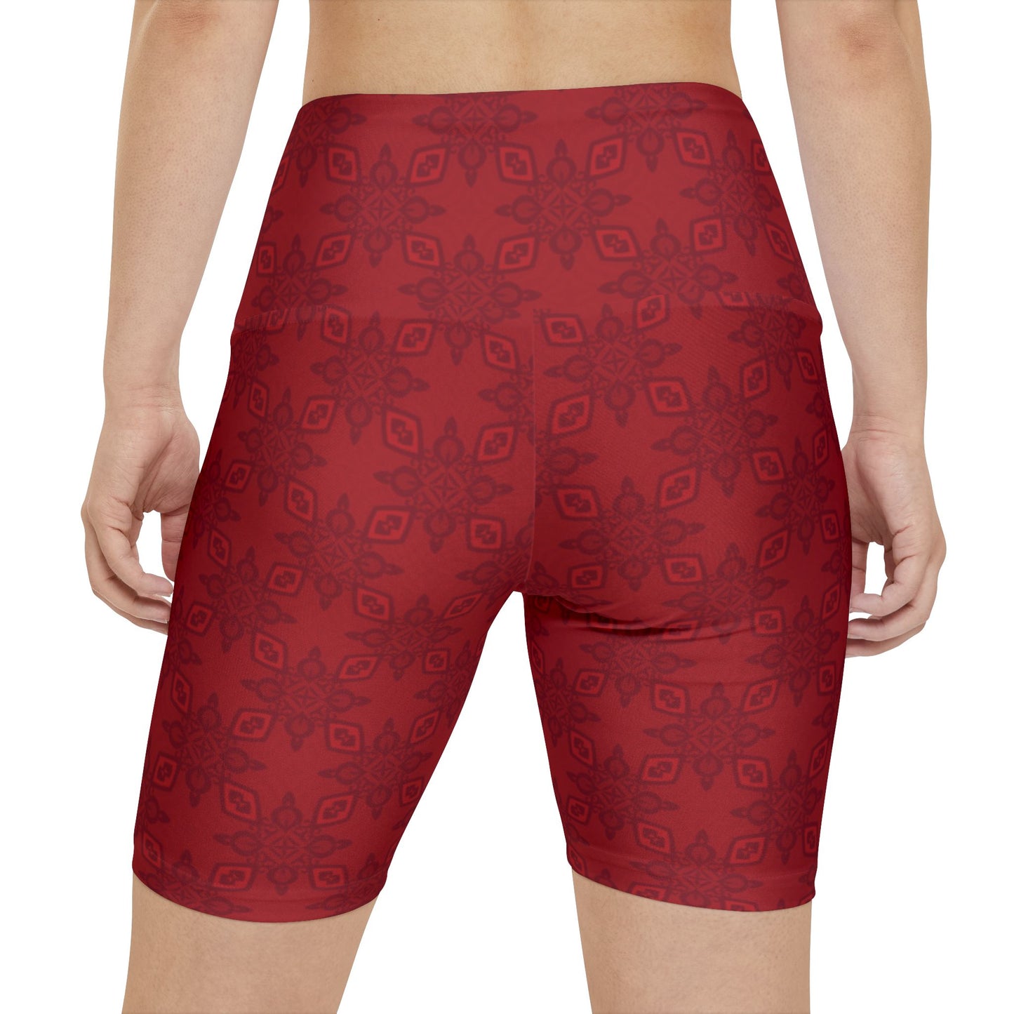 ROMANCE Infinite Universe Maroon Leaf Pattern Workout Shorts — Women's High-Waist Activewear