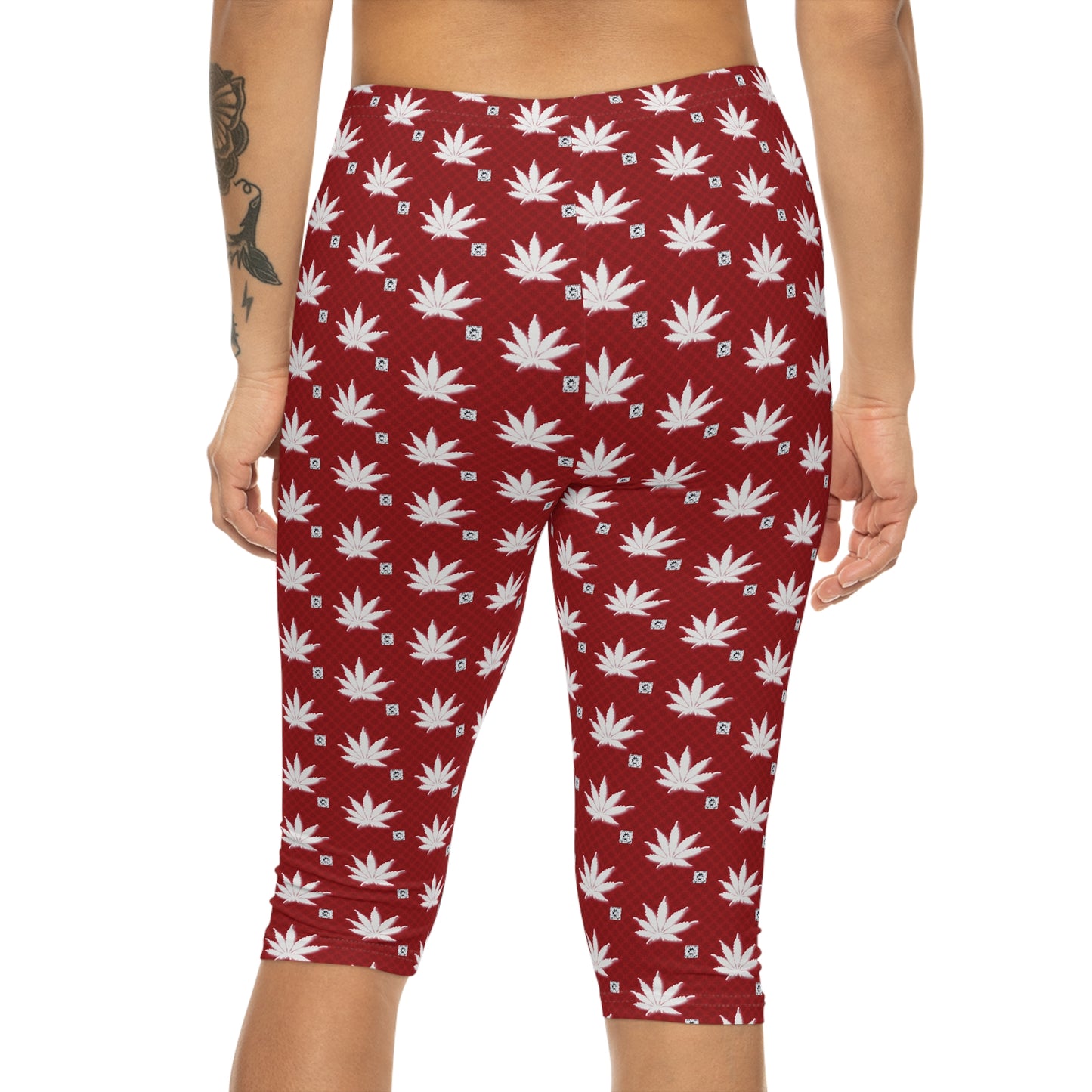 BLOOD ICED FROST Infinite Universe Red Marijuana Leaf Capri Leggings – Women’s 3/4 Yoga Pants, Cannabis Pattern Activewear