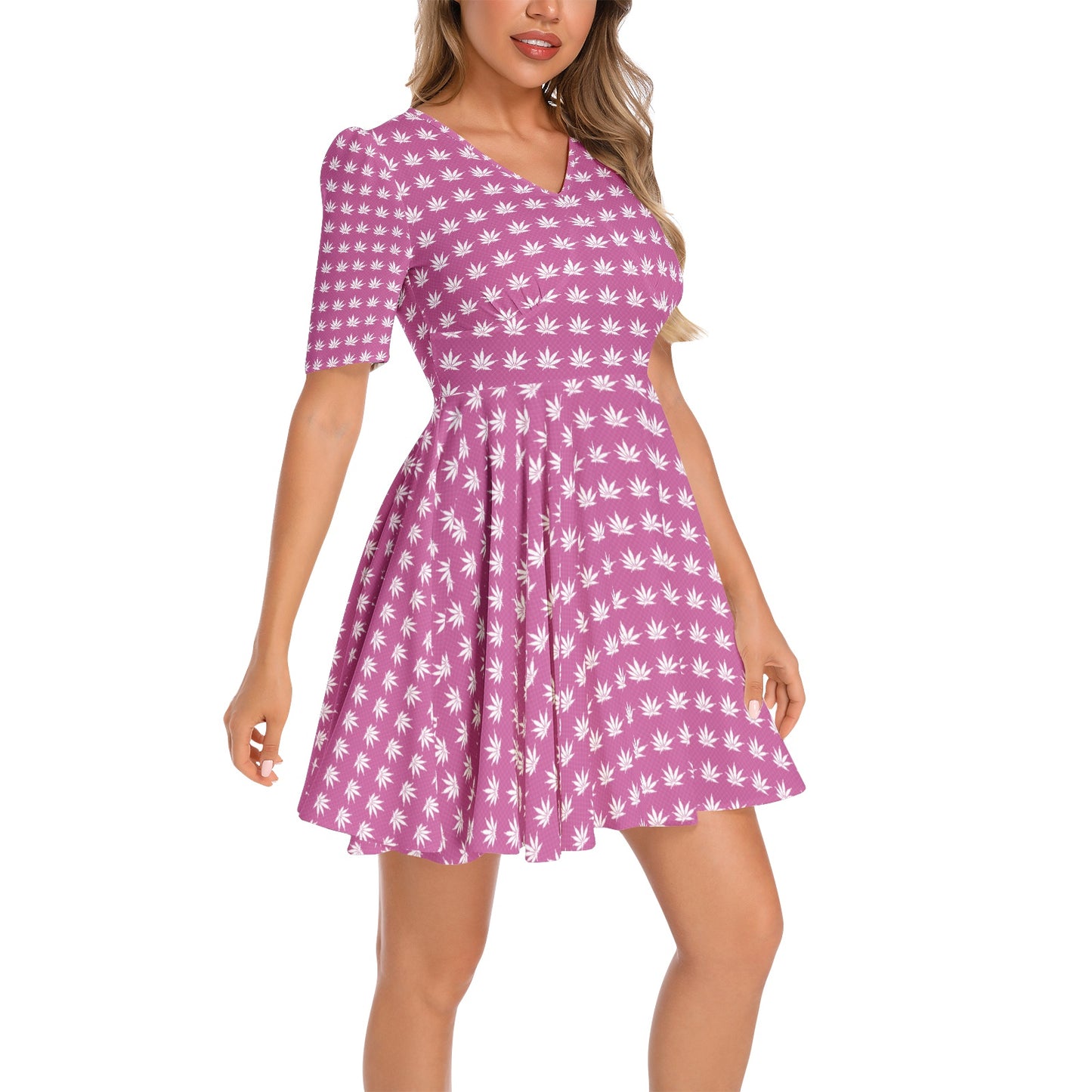 FROSTED ICED FLAMING ICED DIAMOND Short Sleeve Ruched Bust Flared Hem Dress