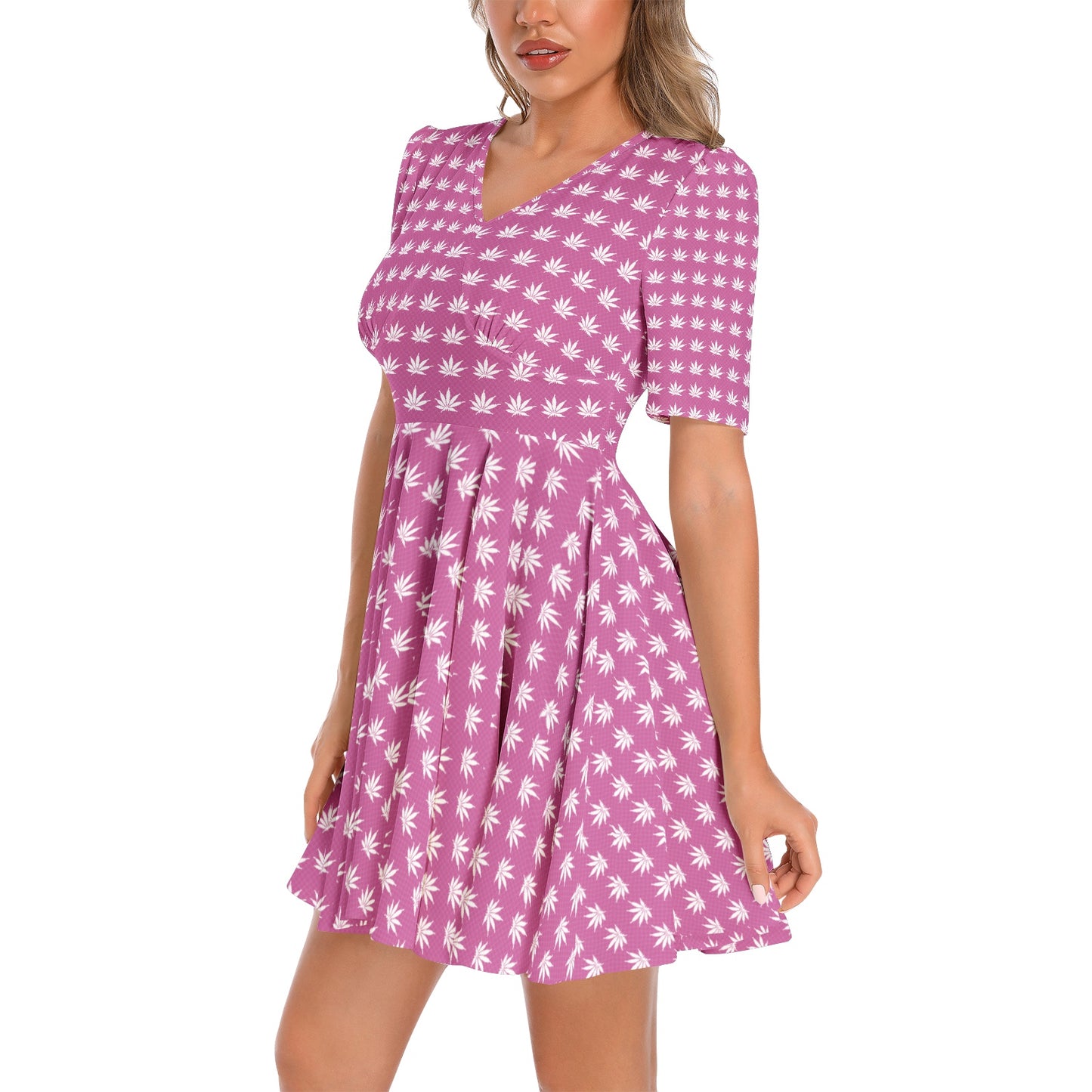 FROSTED ICED FLAMING ICED DIAMOND Short Sleeve Ruched Bust Flared Hem Dress