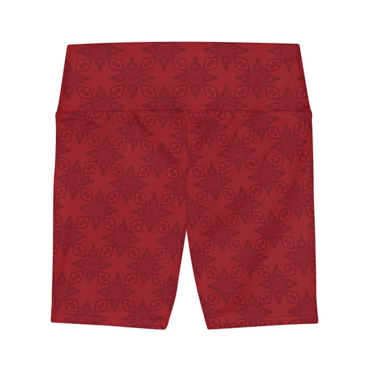 ROMANCE Infinite Universe Maroon Leaf Pattern Workout Shorts — Women's High-Waist Activewear