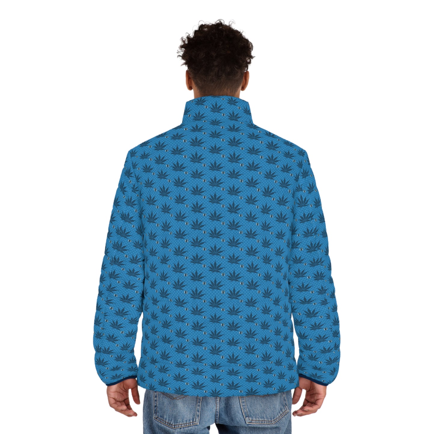 UKNOWN BLUE Cool Leaf Print Men's Puffer Jacket, Casual Outerwear, Trendy Fashion, Winter Style, Gift for Him