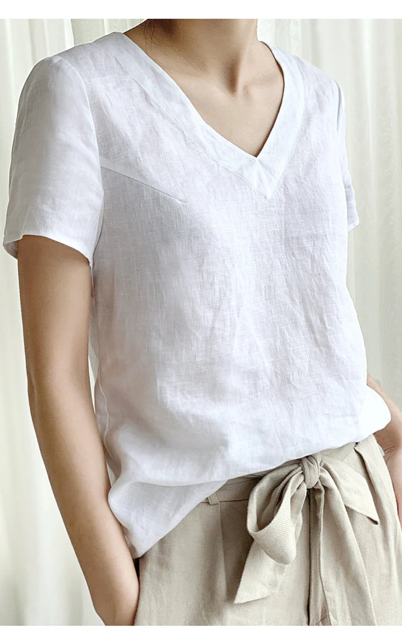 100% Linen V-Neck Short-Sleeved T-Shirt 2021 Summer New Womens Loose Casual Literary Tee Japanese Linen Tops