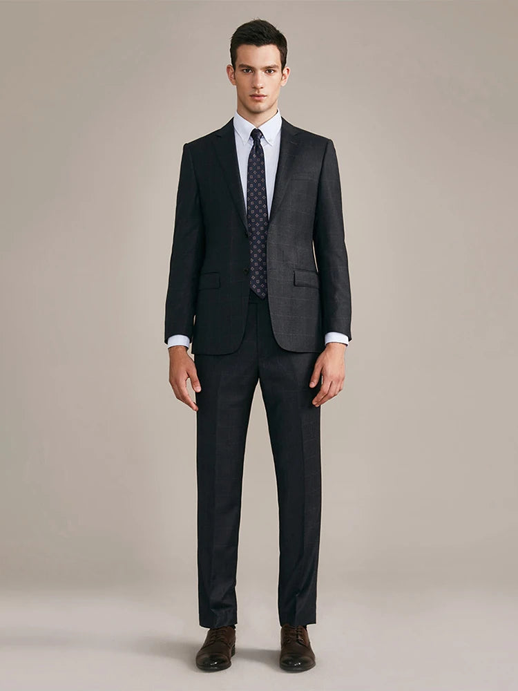 100% Wool Mens Suits Set Blazer + Pant High Quality Dark Deep Grey Christmas Party Wear Single Breasted Thin Formal Clothing 46A