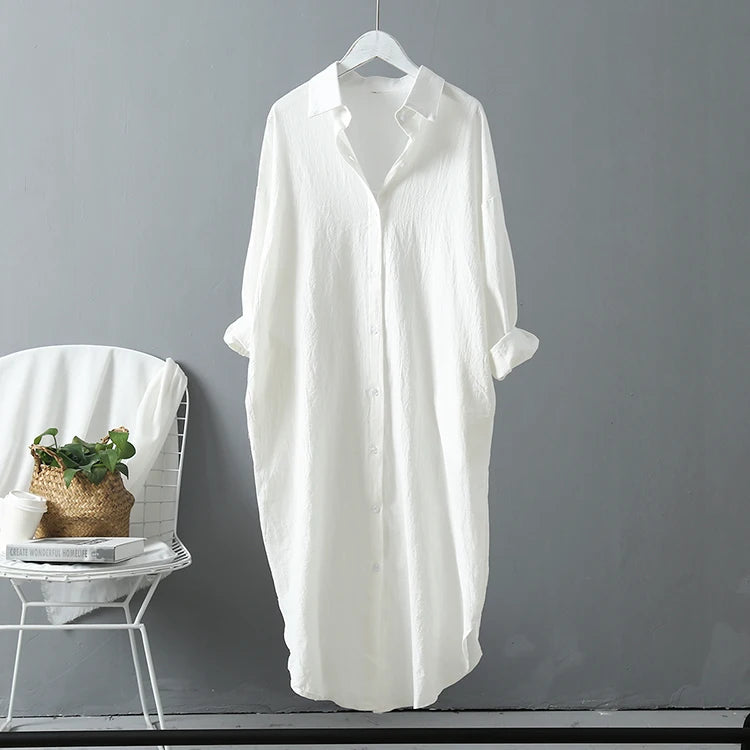 Women Loose Cotton Linen Cardigan Long Shirts Casual Blouses Female Fashion Elegant Outerwear Monochromatic Tee Clothes Summer