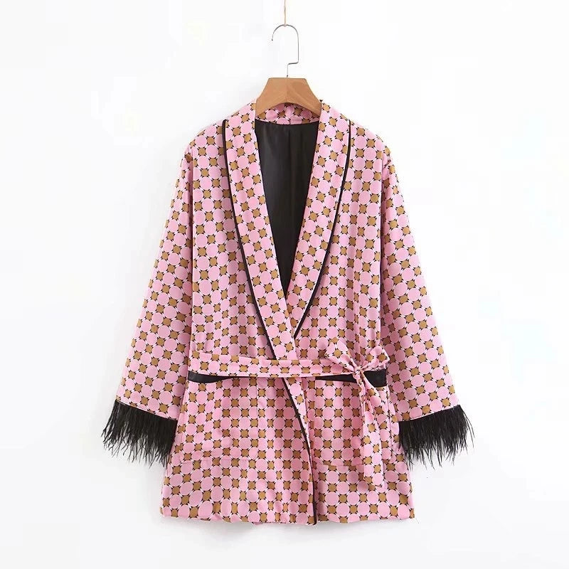 Women's Suits Feathers Pajamas 2 Piece Set Satin Sleepwear Long Sleeve Printed Kimono Jacket Autumn Viintage Pants Home Suits