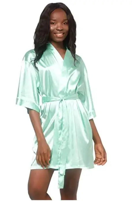 Women Silk Satin Short Night Robe Solid Kimono Robe Fashion Bath Robe Sexy Bathrobe Peignoir Femme Wedding Bride Bridesmaid Robe