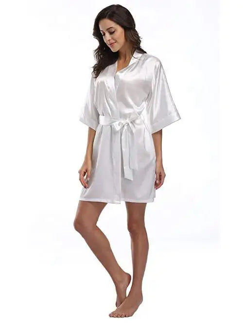 Women Silk Satin Short Night Robe Solid Kimono Robe Fashion Bath Robe Sexy Bathrobe Peignoir Femme Wedding Bride Bridesmaid Robe