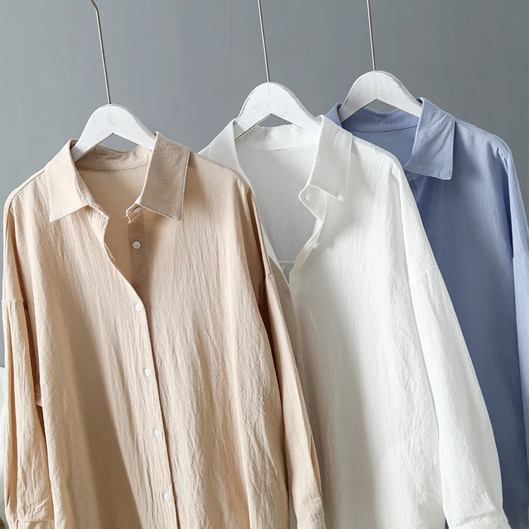 Women Loose Cotton Linen Cardigan Long Shirts Casual Blouses Female Fashion Elegant Outerwear Monochromatic Tee Clothes Summer
