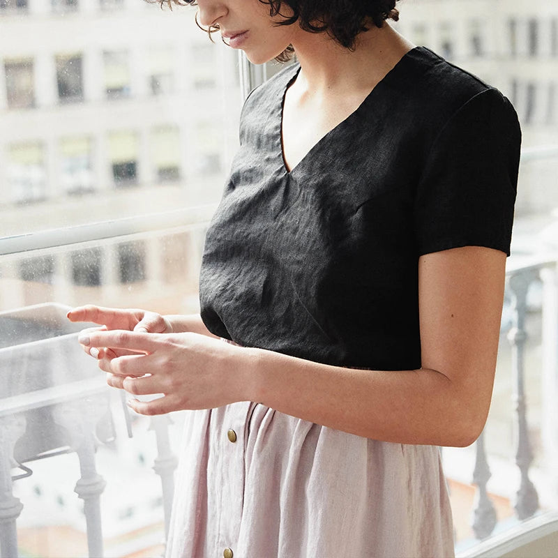 100% Linen V-Neck Short-Sleeved T-Shirt 2021 Summer New Womens Loose Casual Literary Tee Japanese Linen Tops