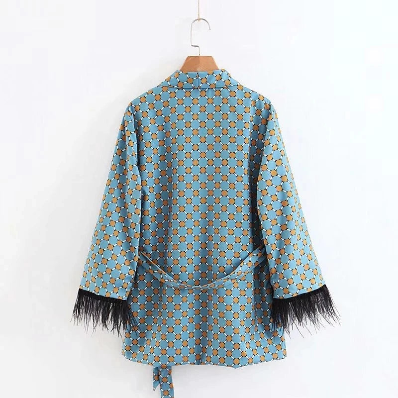 Women's Suits Feathers Pajamas 2 Piece Set Satin Sleepwear Long Sleeve Printed Kimono Jacket Autumn Viintage Pants Home Suits
