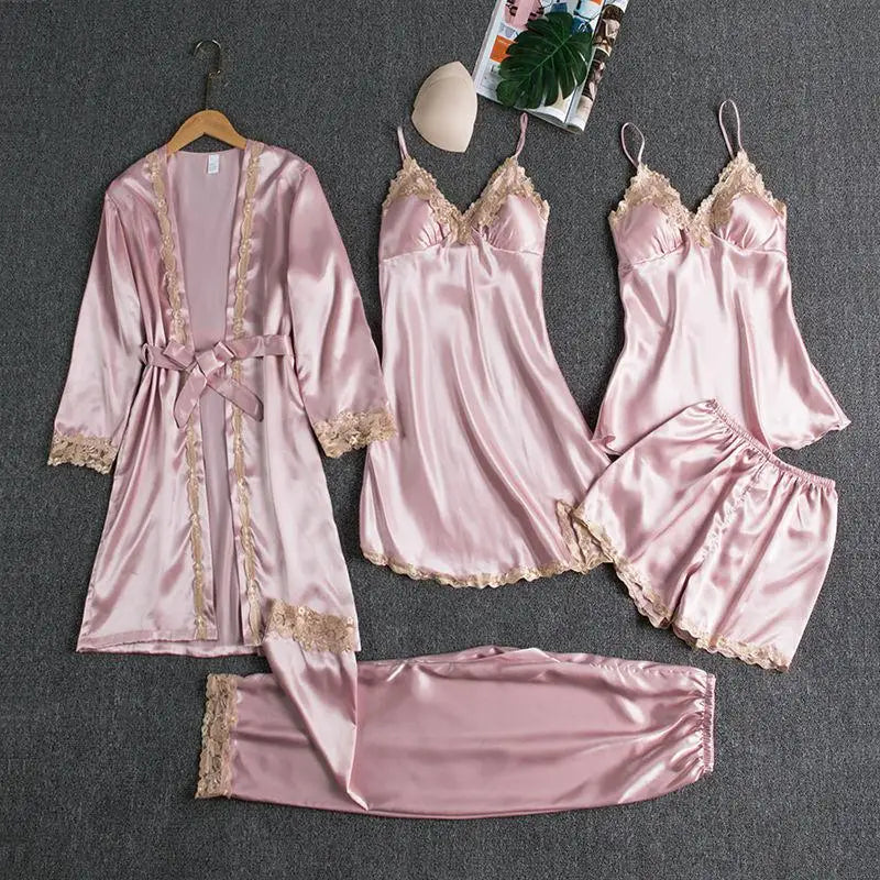 Sleepwear Female 5PCS Pajamas Set Satin Pyjamamas Lace Patchwork Bridal Wedding Nightwear Rayon Home Wear Nighty&Robe Suit