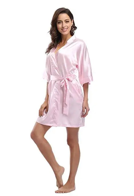 Women Silk Satin Short Night Robe Solid Kimono Robe Fashion Bath Robe Sexy Bathrobe Peignoir Femme Wedding Bride Bridesmaid Robe