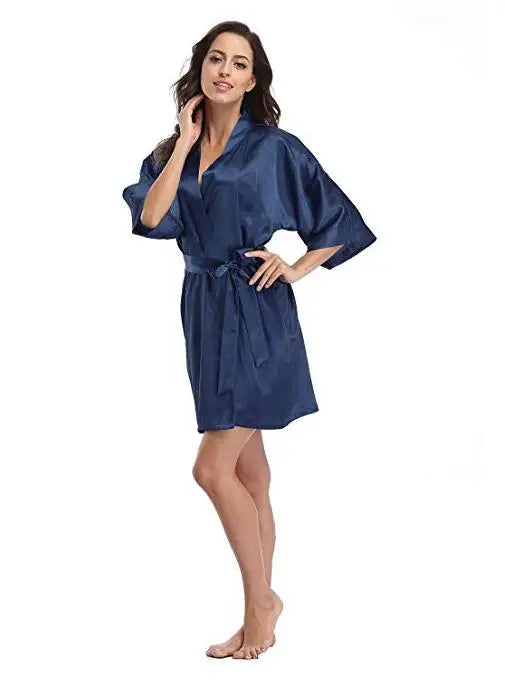 Women Silk Satin Short Night Robe Solid Kimono Robe Fashion Bath Robe Sexy Bathrobe Peignoir Femme Wedding Bride Bridesmaid Robe