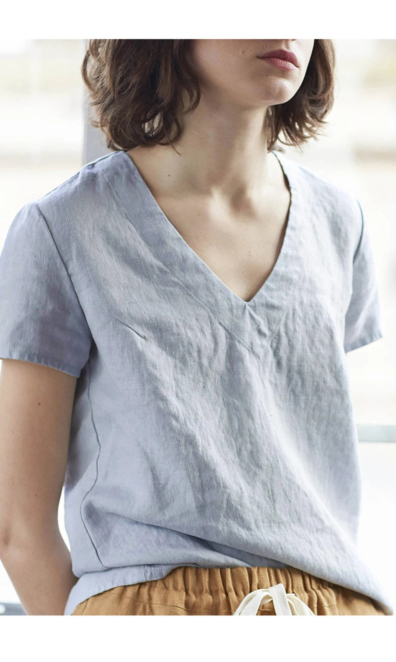 100% Linen V-Neck Short-Sleeved T-Shirt 2021 Summer New Womens Loose Casual Literary Tee Japanese Linen Tops