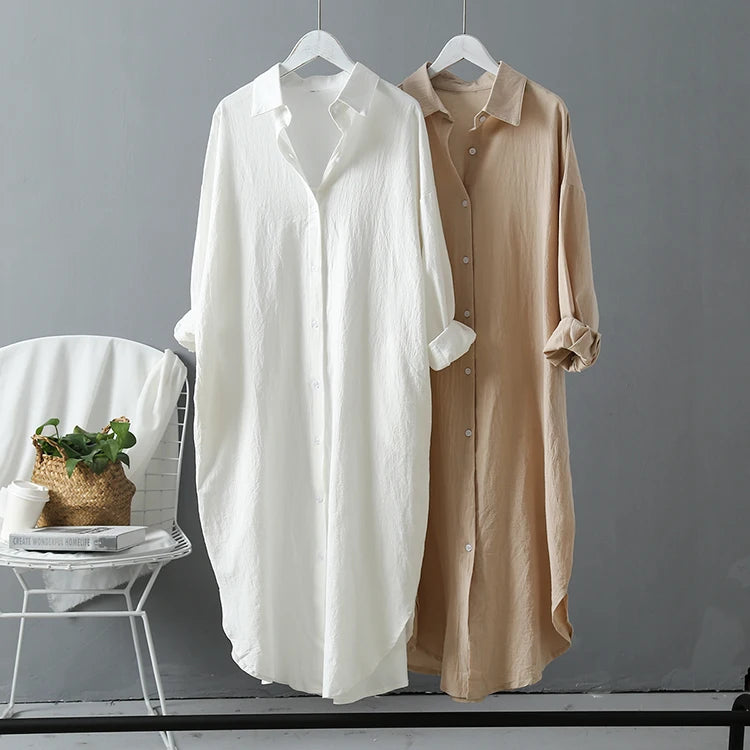 Women Loose Cotton Linen Cardigan Long Shirts Casual Blouses Female Fashion Elegant Outerwear Monochromatic Tee Clothes Summer