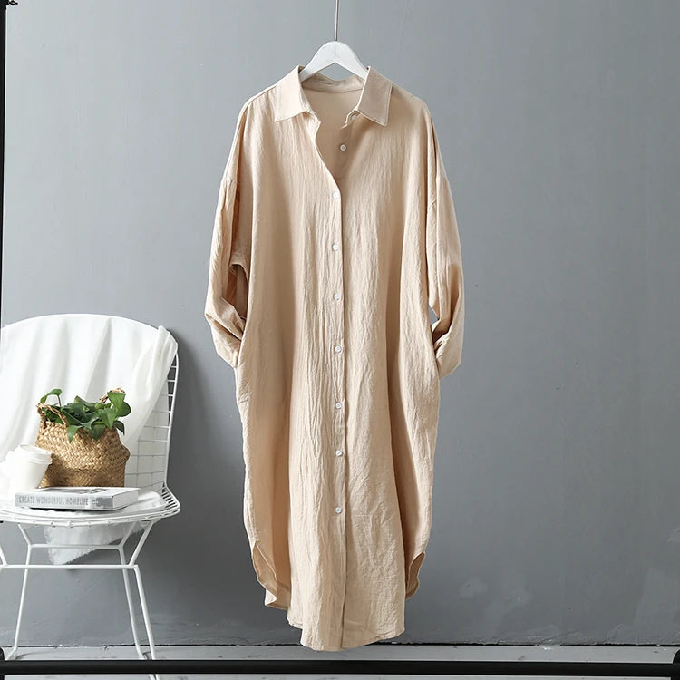Women Loose Cotton Linen Cardigan Long Shirts Casual Blouses Female Fashion Elegant Outerwear Monochromatic Tee Clothes Summer