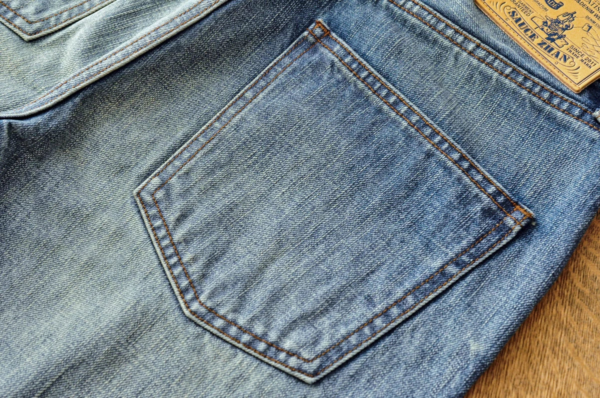 Saucezhan Mens Jeans Distressed Moustache Effect Wash Selvedge Denim Jeans Motorcycle Regular Fit Straight Leg 14 Oz