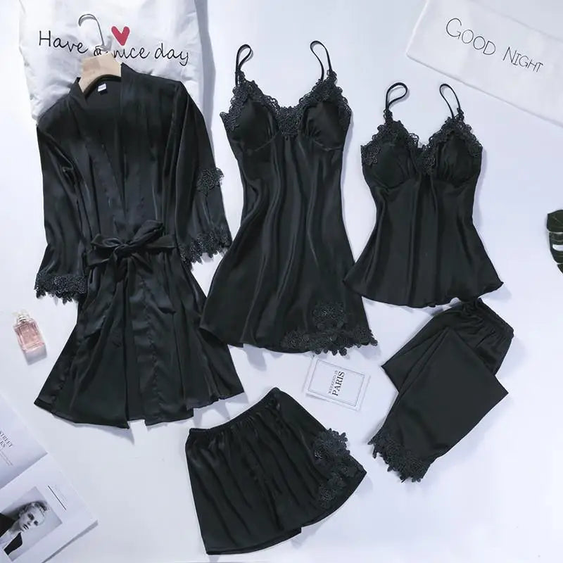 Lace Patchwork 5PCS Sleepwear Nightgown Kimono Bathrobe Gown Satin Lady Nighty&Robe Suit Sexy Home Clothes White Wedding Robe