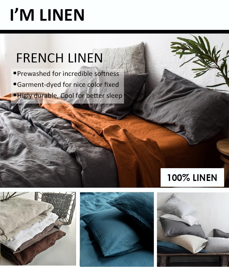 100% Pure Linen Blue Bedding Set with Duvet Cover Bed Sheet Pillowcase, Solid Color, Double, Single, King, Queen Full, Twin Size