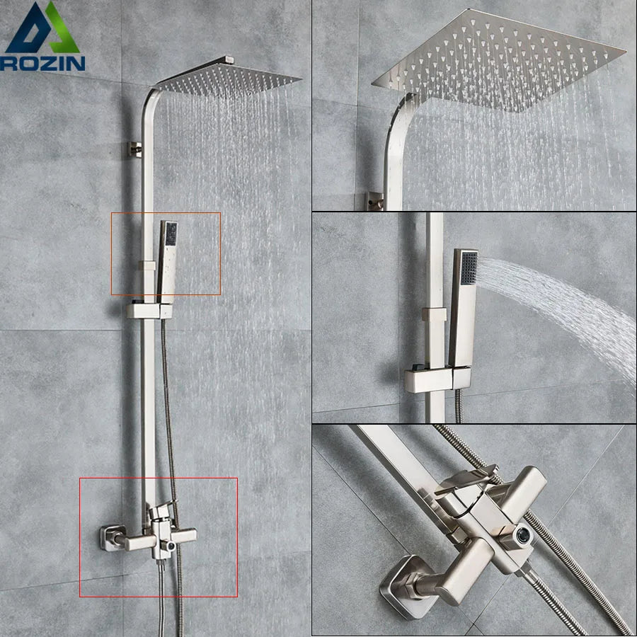Luxury Shower Mixers Faucet Brushed Nickel Rain Shower Faucets System In-wall Square Hand Shower Mixer Tap Set