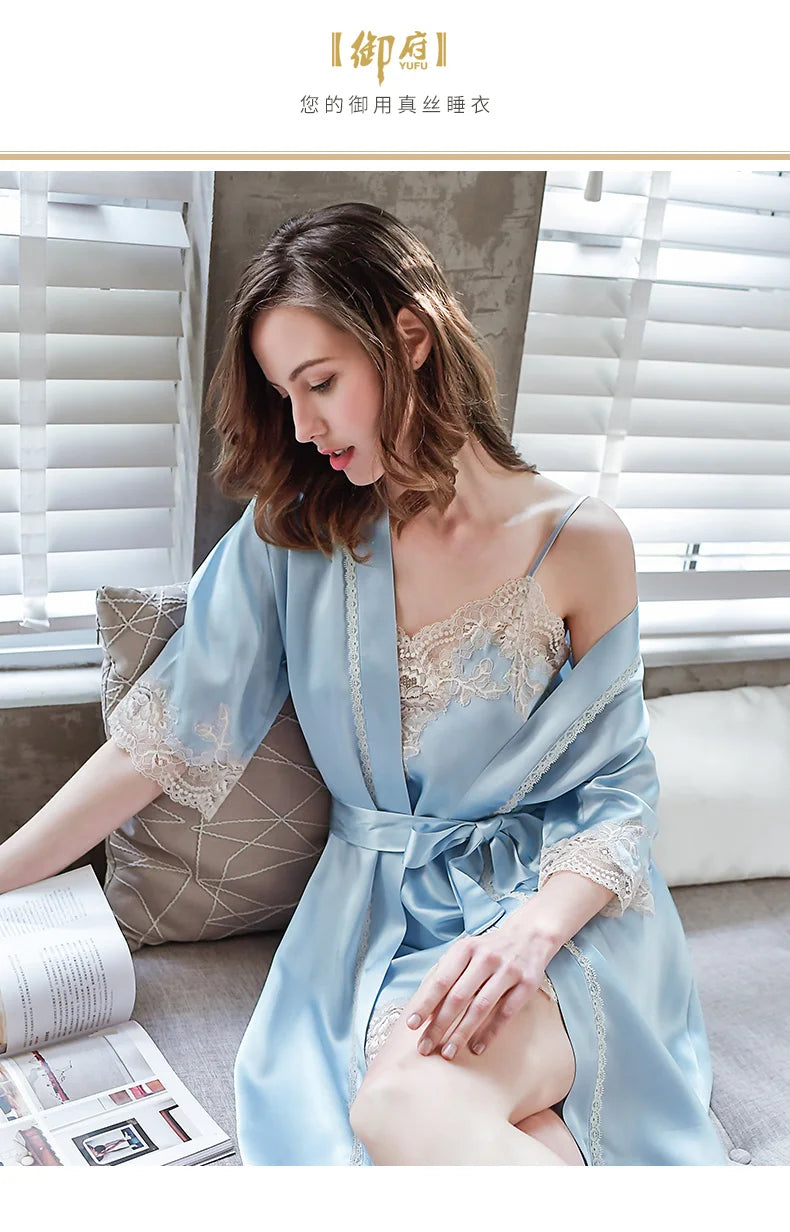 100% Silk Nightgown Female Sling Lace Long Nightdress Women Pure Mulberry Silk Sleepwear robe women Nightwear