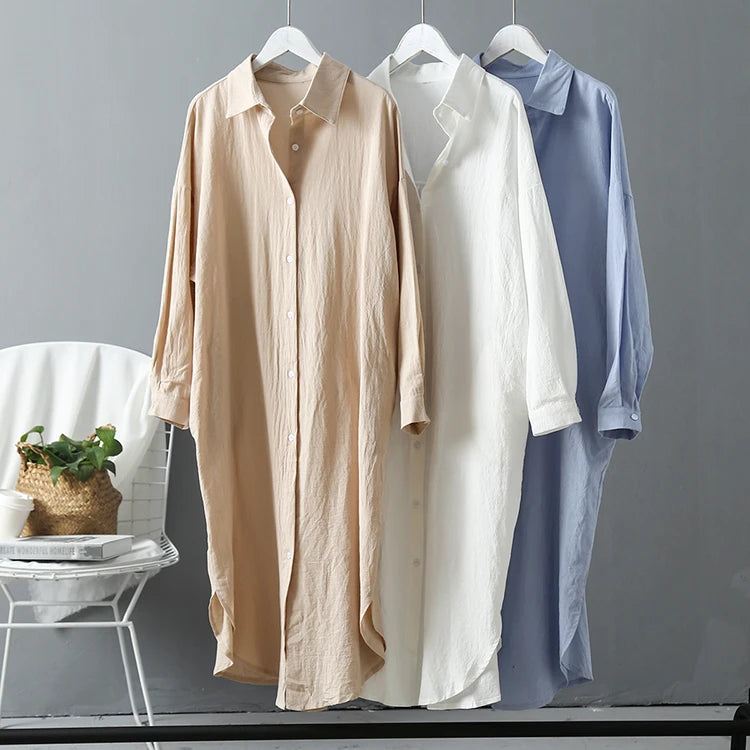 Women Loose Cotton Linen Cardigan Long Shirts Casual Blouses Female Fashion Elegant Outerwear Monochromatic Tee Clothes Summer