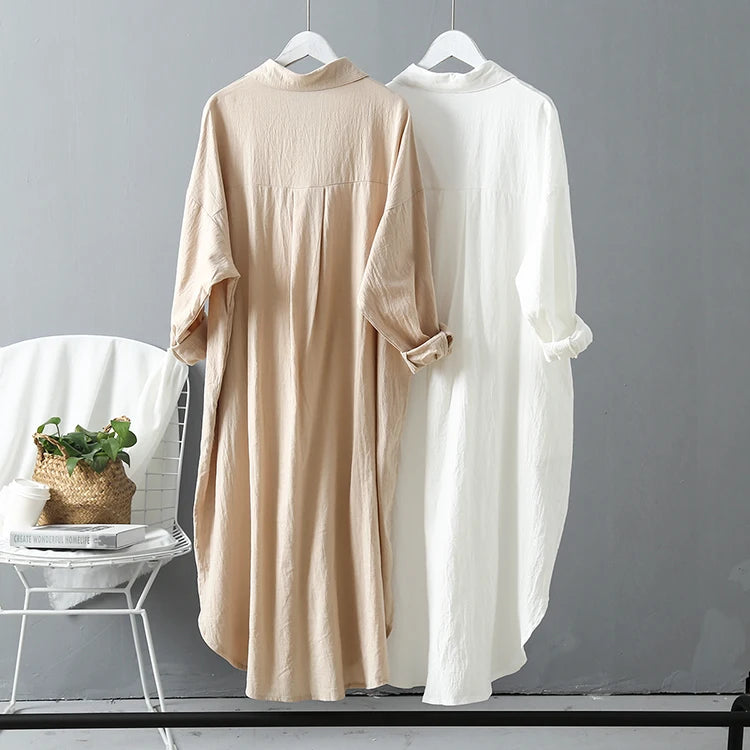 Women Loose Cotton Linen Cardigan Long Shirts Casual Blouses Female Fashion Elegant Outerwear Monochromatic Tee Clothes Summer