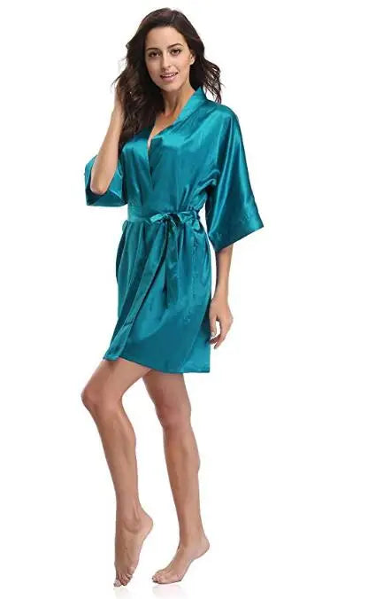 Women Silk Satin Short Night Robe Solid Kimono Robe Fashion Bath Robe Sexy Bathrobe Peignoir Femme Wedding Bride Bridesmaid Robe