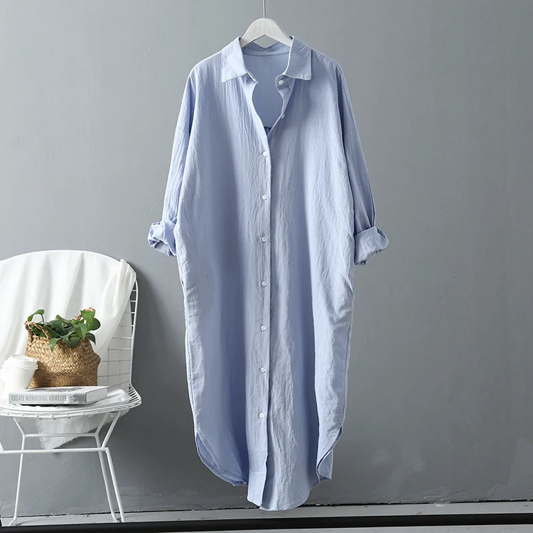 Women Loose Cotton Linen Cardigan Long Shirts Casual Blouses Female Fashion Elegant Outerwear Monochromatic Tee Clothes Summer