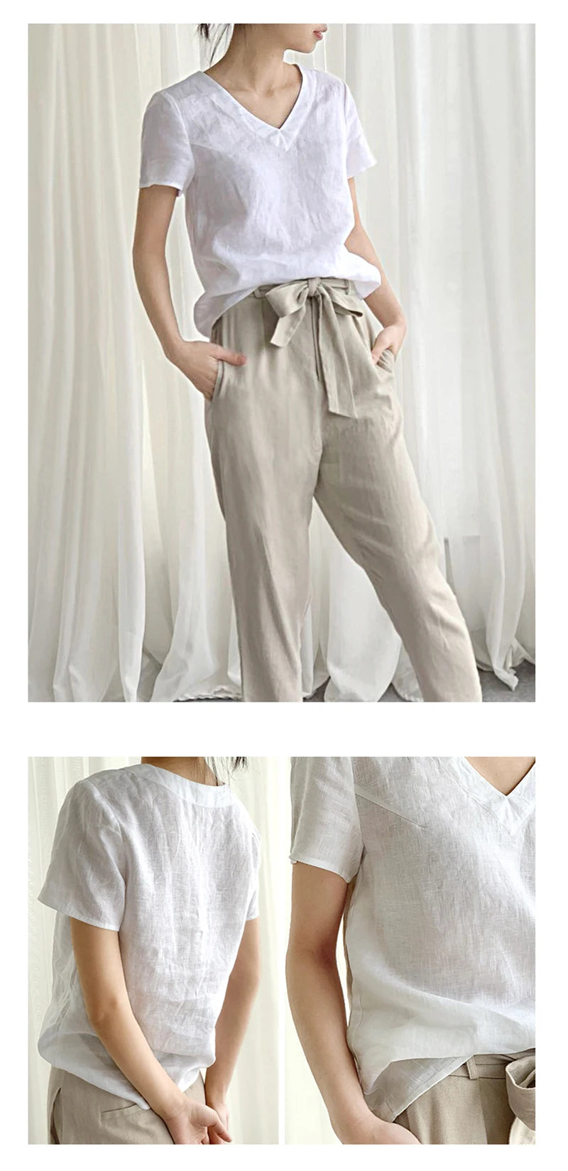 100% Linen V-Neck Short-Sleeved T-Shirt 2021 Summer New Womens Loose Casual Literary Tee Japanese Linen Tops