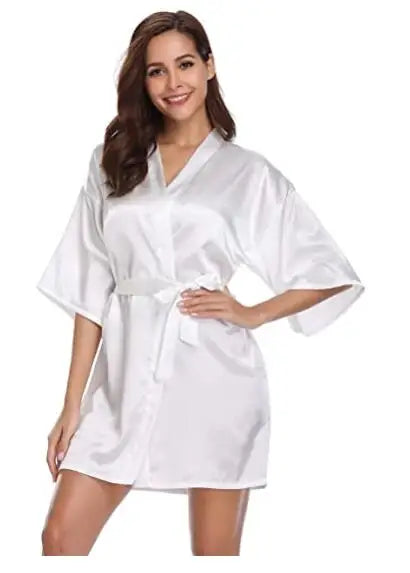 Women Silk Satin Short Night Robe Solid Kimono Robe Fashion Bath Robe Sexy Bathrobe Peignoir Femme Wedding Bride Bridesmaid Robe