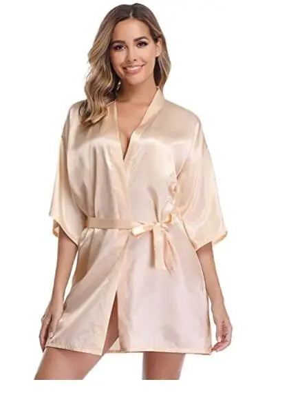 Women Silk Satin Short Night Robe Solid Kimono Robe Fashion Bath Robe Sexy Bathrobe Peignoir Femme Wedding Bride Bridesmaid Robe