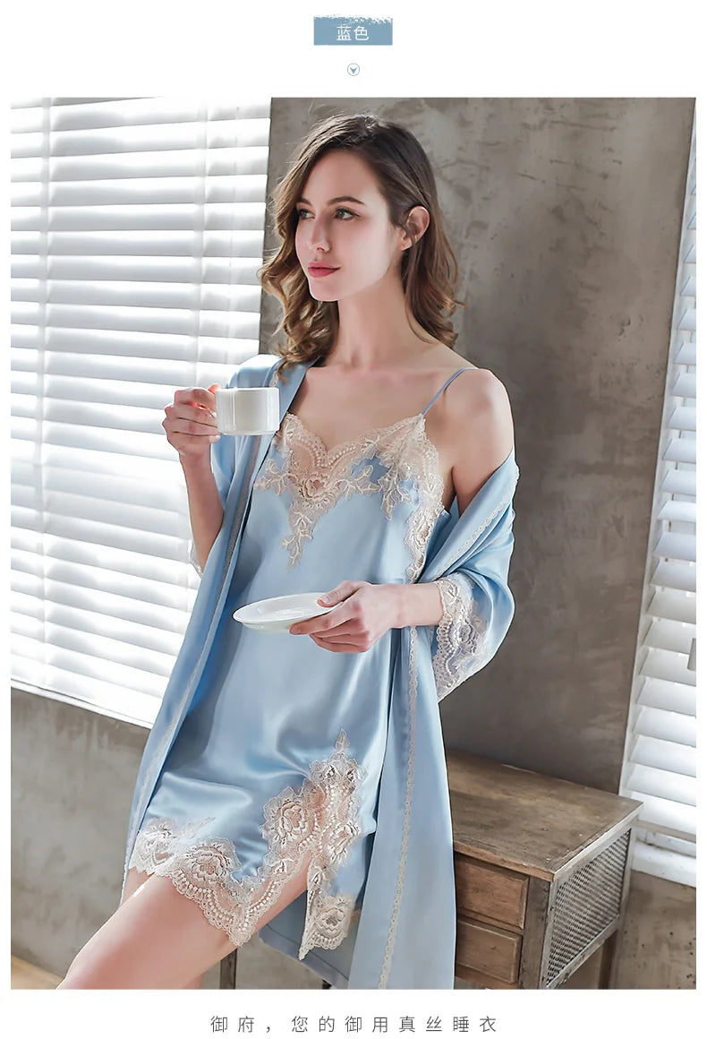 100% Silk Nightgown Female Sling Lace Long Nightdress Women Pure Mulberry Silk Sleepwear robe women Nightwear