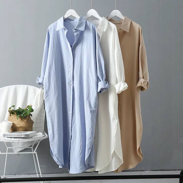 Women Loose Cotton Linen Cardigan Long Shirts Casual Blouses Female Fashion Elegant Outerwear Monochromatic Tee Clothes Summer