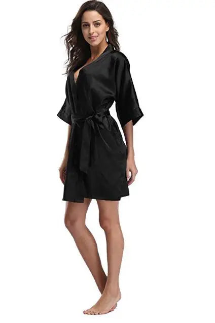 Women Silk Satin Short Night Robe Solid Kimono Robe Fashion Bath Robe Sexy Bathrobe Peignoir Femme Wedding Bride Bridesmaid Robe