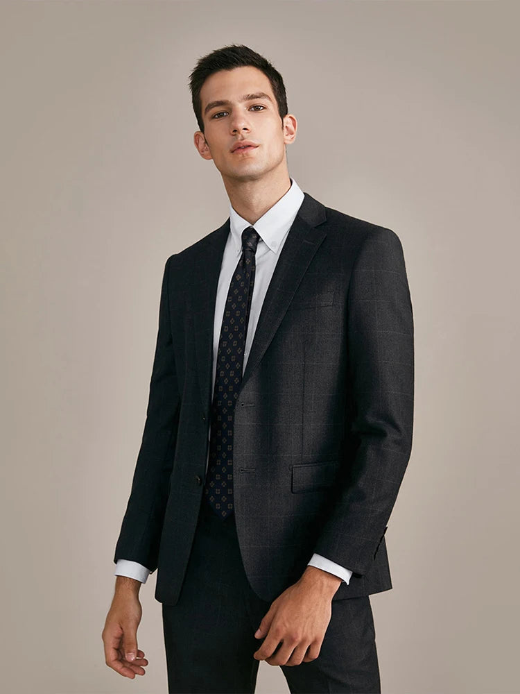 100% Wool Mens Suits Set Blazer + Pant High Quality Dark Deep Grey Christmas Party Wear Single Breasted Thin Formal Clothing 46A