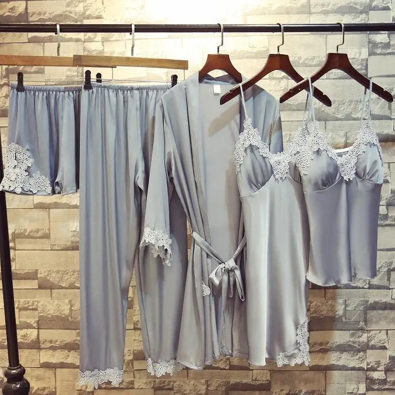 SexyWhite Lace 5PCS Sleepwear Pajamas Set Women Silk Pijamas Pyjamas Nightwear Bride Bridesmaid Wedding Robe Intimate Lingerie