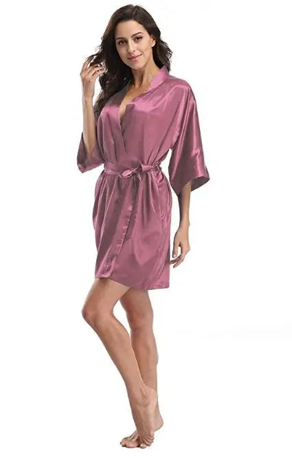 Women Silk Satin Short Night Robe Solid Kimono Robe Fashion Bath Robe Sexy Bathrobe Peignoir Femme Wedding Bride Bridesmaid Robe