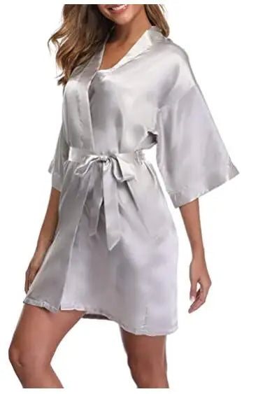 Women Silk Satin Short Night Robe Solid Kimono Robe Fashion Bath Robe Sexy Bathrobe Peignoir Femme Wedding Bride Bridesmaid Robe