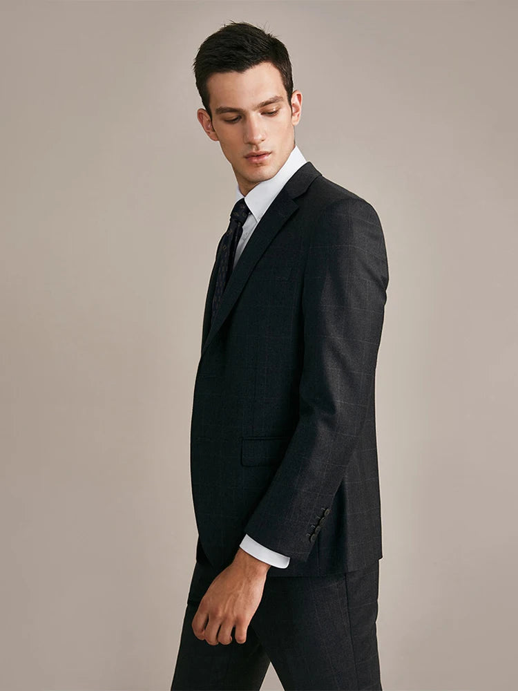 100% Wool Mens Suits Set Blazer + Pant High Quality Dark Deep Grey Christmas Party Wear Single Breasted Thin Formal Clothing 46A