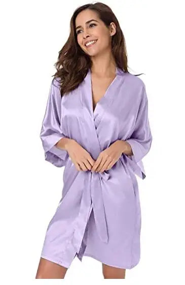Women Silk Satin Short Night Robe Solid Kimono Robe Fashion Bath Robe Sexy Bathrobe Peignoir Femme Wedding Bride Bridesmaid Robe
