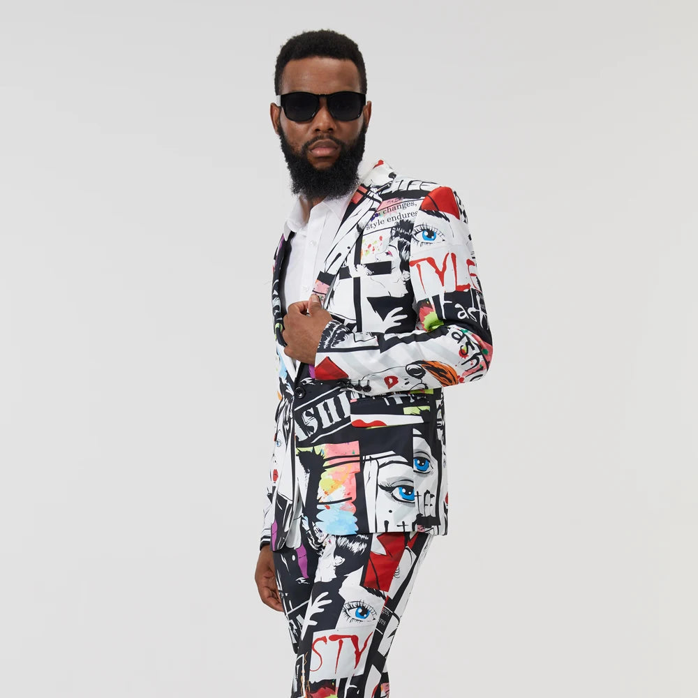Men's Suit Autumn American Graffiti Print Suit Collar Slim Fit Casual Pencil Pants Streetwear Men Clothing Set 2 Piece