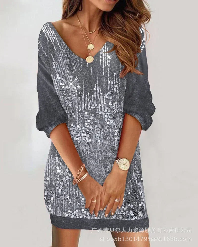 Women V-Neck Fleece Lace Off-Shoulder Dress Long Sleeve Fashion Casual Sexy Mini Dress