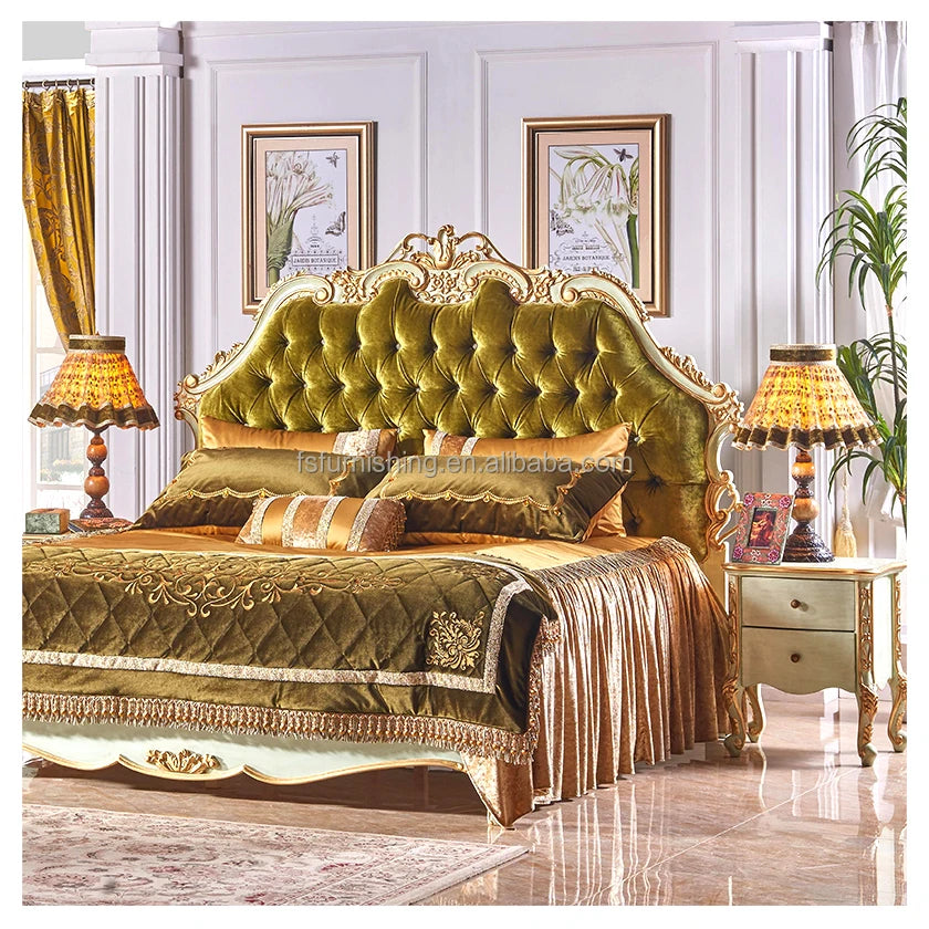 European Golden Solid Wood furniture Hand Carving Canopy Bed King Size Classical Luxury Gold Bedroom king size bed