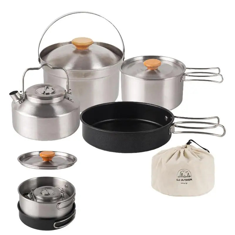 4pcs universal outdoor stainless steel set pot camping pot camping portable road trip cooking pot non-stick frying pan supplies
