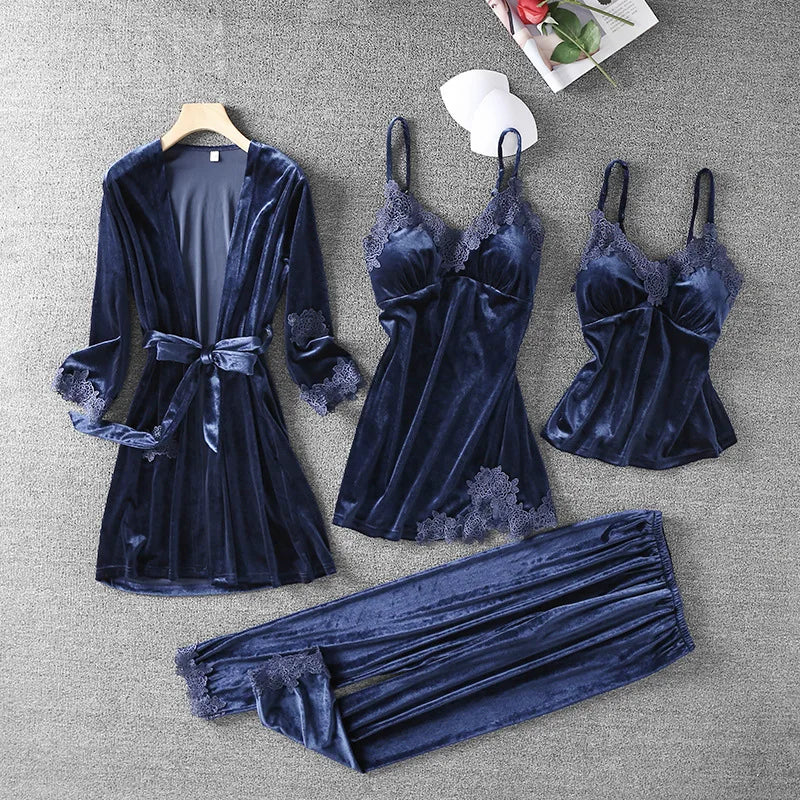 Women Velvet 4PCS Pajamas Set Sleepwear Autumn Winter Sexy Lace Trim Bathrobe Nightgown Loose Velour Pyjama Pour Femme Home Wear