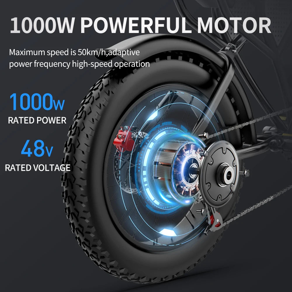 Ridstar Electric Bike Mountain Moped Ebike 20 Inch Fat Tire 1000W 48V 20AH Electric Bicycle For Adults E-Bikes With Bicycle Bag